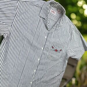 Vintage Chic Shirt Women M Blue White Striped Floral Embroidered Button Down